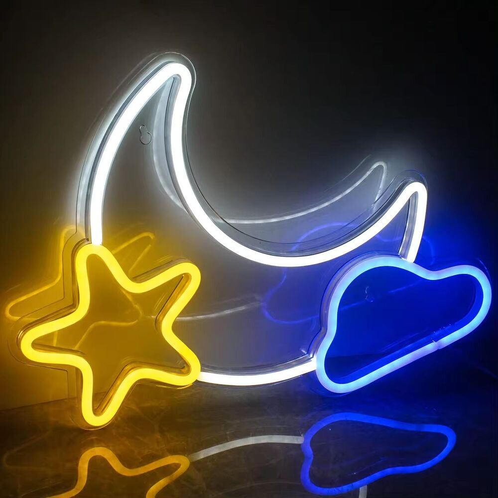 Neon Sign - Cloud and Moon Led Neon Light, Neon Lights Sign Warm White & Blue